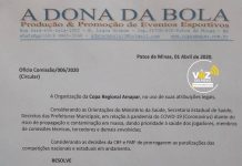 Organização da Copa Amapar 2020, mantém a Suspensão da Copa Regional Amapar de Futebol, por prazo indeterminado, considerando as orientações do “Ministério da Saúde” em relação a pandemia do covid – 19 (coronavírus).
