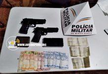 Guimarânia – Polícia Militar apreende dois SUSPEITOS menores infratores portando dois simulacros de arma de fogo, após roubo em disk bebidas.