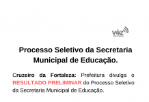 Cruzeiro da Fortaleza: Prefeitura divulga o RESULTADO PRELIMINAR do Processo Seletivo da Secretaria Municipal de Educação.